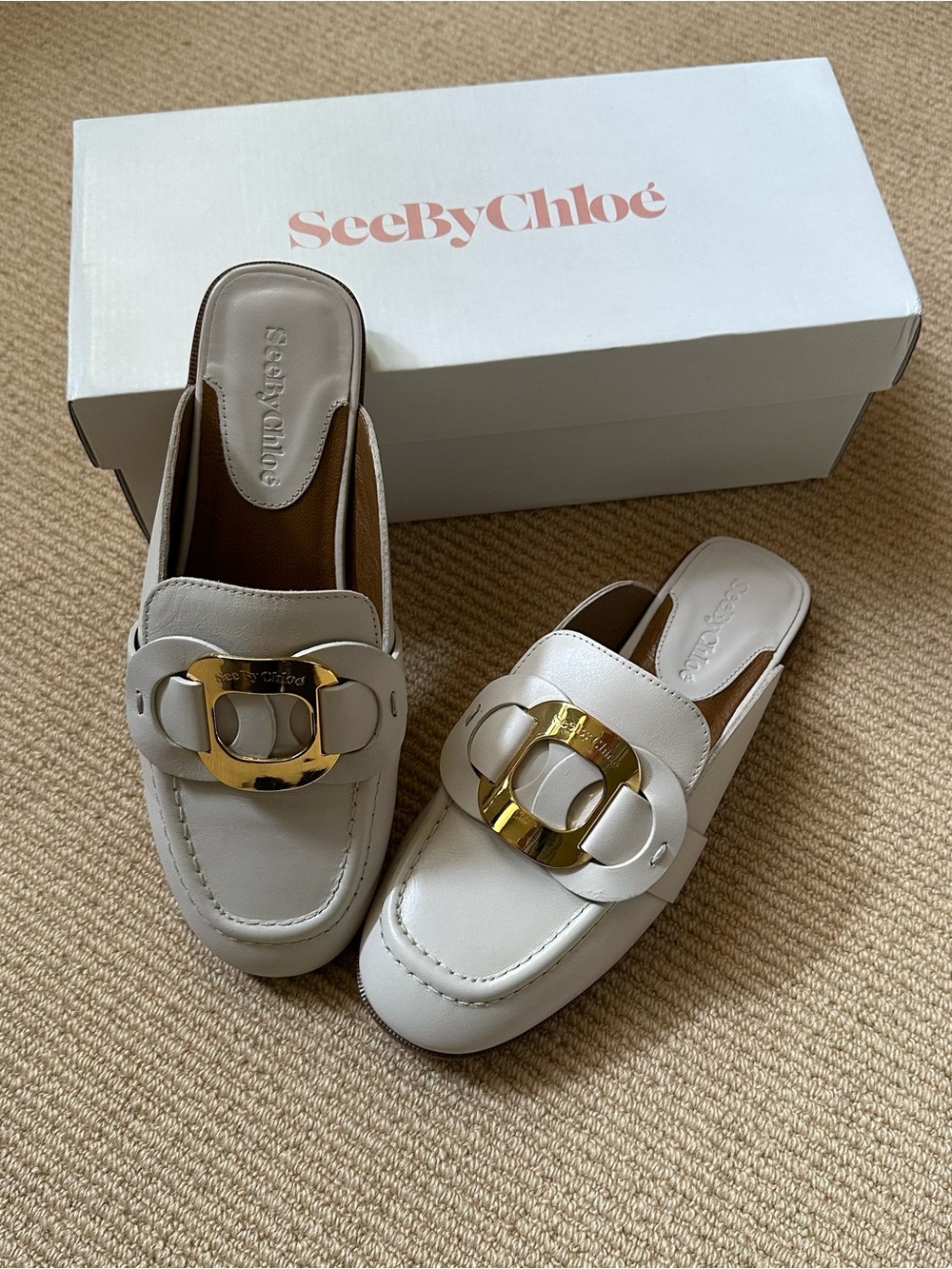 See By Chloe Cream Slip-On Mules with Gold Buckle